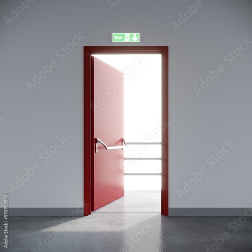 Fototapete Fire exit  red door in white   space  building . 3d rendering