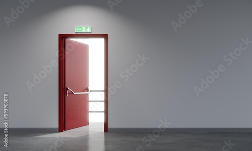 Fire exit  red metal door in white  sapce  building . 3d rendering