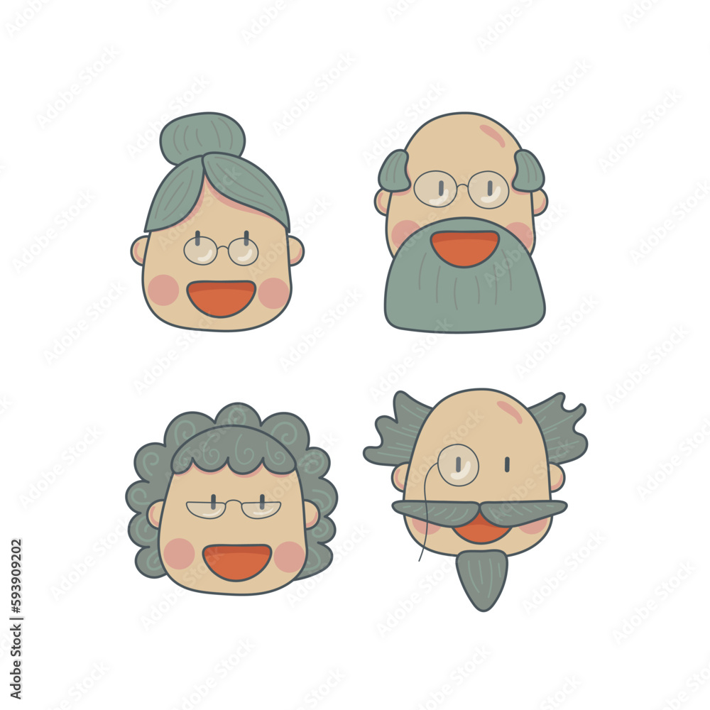 Fototapeta premium Set of elderly people faces. Happy seniors, old men and women of different background isolated on white background. Set of color vector illustrations.
