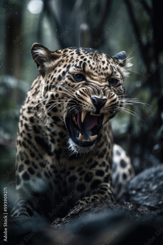 Fototapeta premium Wild Leopard panthera roaring aggressively. Jungle forest running generative ai