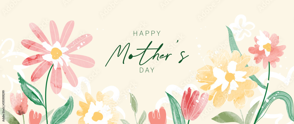 Happy mother's day background vector. Watercolor floral wallpaper design with colorful wild flowers, meadow. Mother's day concept illustration design for cover, banner, greeting card, decoration. - obrazy, fototapety, plakaty 