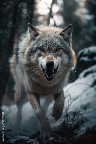 Gray wolf in a snowy forest. Wild animal aggressively running towards the camera generate ai © Roman