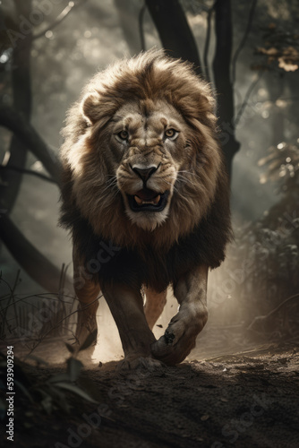 Wild lion roaring aggressively. Jungle forest savannah running generative ai