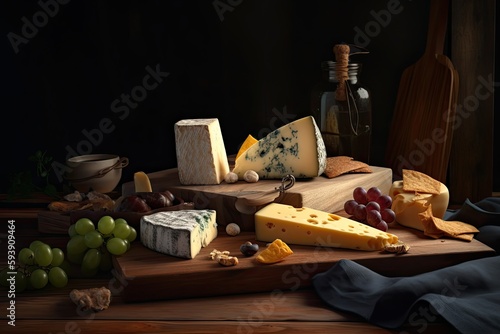 Different kinds of delicious cheese on table, ai generative photo