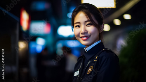 An Asian police woman dressed in her police uniform stands in a public area, and she has a smile on her face. generative AI