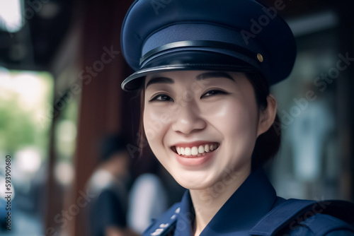 An Asian police woman dressed in her police uniform stands in a public area, and she has a smile on her face. generative AI