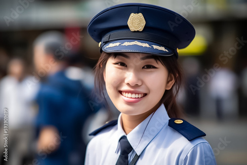 An Asian police woman dressed in her police uniform stands in a public area, and she has a smile on her face. generative AI