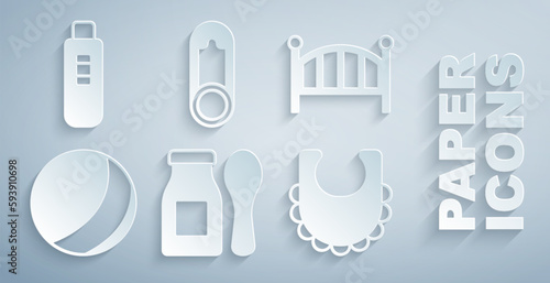 Set Yogurt in bottle with spoon  Baby crib cradle bed  Beach ball  bib  clothes pin and Pregnancy test icon. Vector