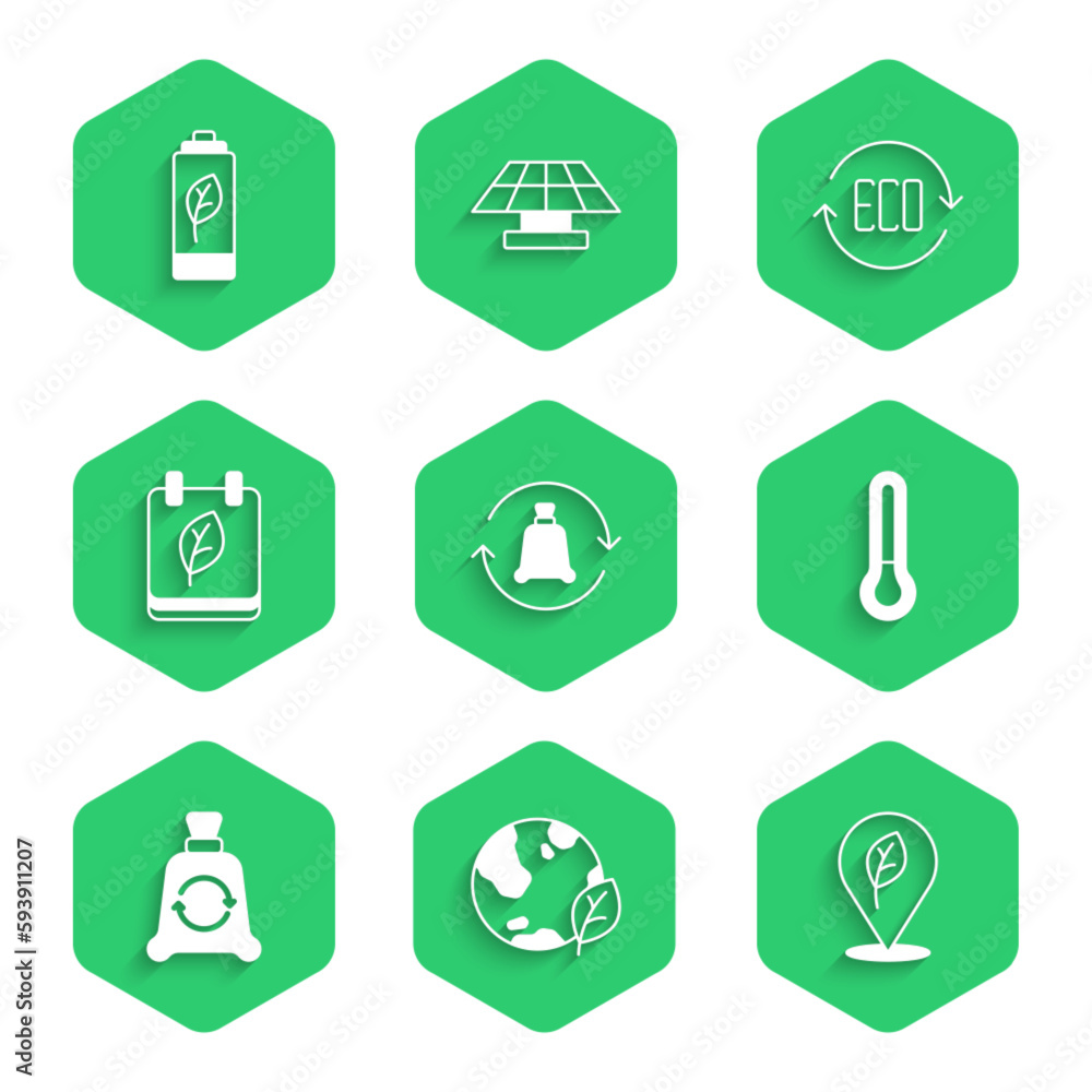 Set Garbage bag with recycle, Earth globe and leaf, Location, Thermometer, Calendar autumn leaves, Leaf Eco symbol and nature battery icon. Vector Set Garbage bag with recycle, Earth globe and leaf, Location, Thermometer, Calendar autumn leaves, Leaf Eco symbol and nature battery icon. Vector