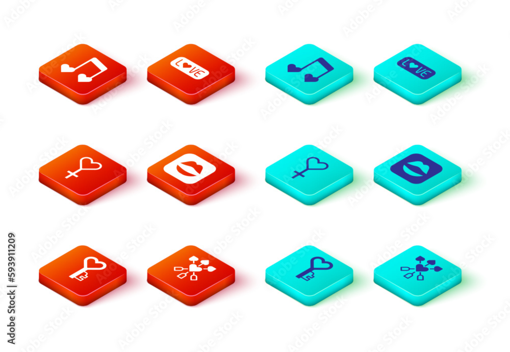 Set Key in heart shape, Amour with and arrow, Female gender symbol, Smiling lips, Love text and Music note, tone hearts icon. Vector Set Key in heart shape, Amour with and arrow, Female gender symbol, Smiling lips, Love text and Music note, tone hearts icon. Vector