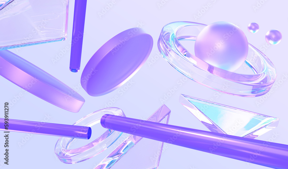 3D background with abstract geometric shapes. Iridescent crystal rings, triangles, holographic cylinders, tubes and spheres, flying glass futuristic planet, design elements, pattern. 3D illustration 3D background with abstract geometric shapes. Iridescent crystal rings, triangles, holographic cylinders, tubes and spheres, flying glass futuristic planet, design elements, pattern. 3D illustration