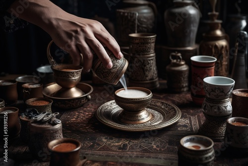 A global, coffee culture exploration, showcasing a variety of traditional coffee preparations and rituals from around the world. Generative AI