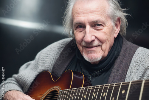 An older man holding a guitar in his hands