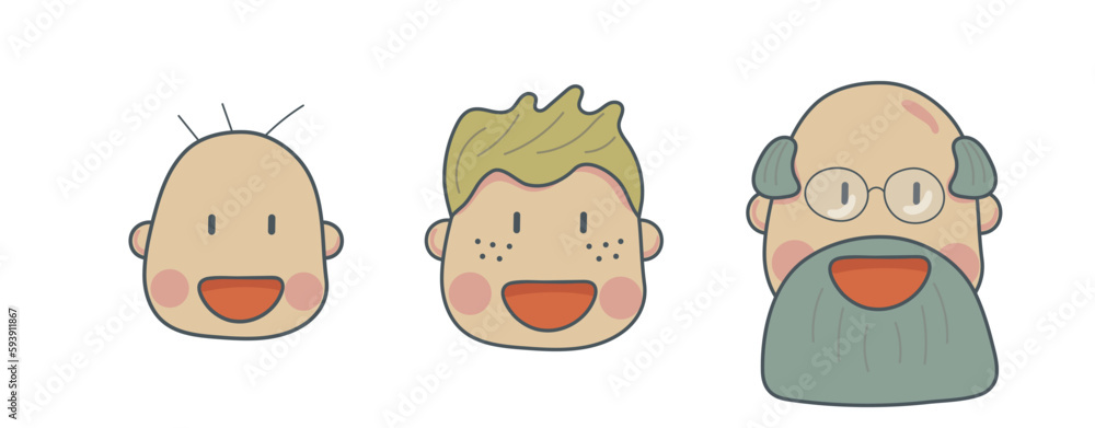 Set of icons of different age groups of people from infants to seniors. Smiling man on a white background. Set of color vector illustrations. Set of icons of different age groups of people from infants to seniors. Smiling man on a white background. Set of color vector illustrations.