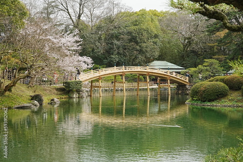 Traditional Bridge, Pond and Japanese Garden at Ritsurin Garden Park in Takamatsu, Kagawa, Japan - 日本 香川 高松 栗林公園 日本庭園 池 迎春橋