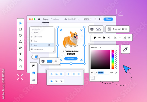 Program for Web Designers. Application for creating a Mobile Interface. Vector Design tool for mobile applications. UI-UX design development concept. Creating an Interface for Devices. Vector illustra
