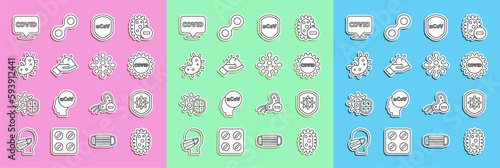 Set line Virus, Shield protecting from virus, Corona covid-19, Washing hands with soap, location and icon. Vector