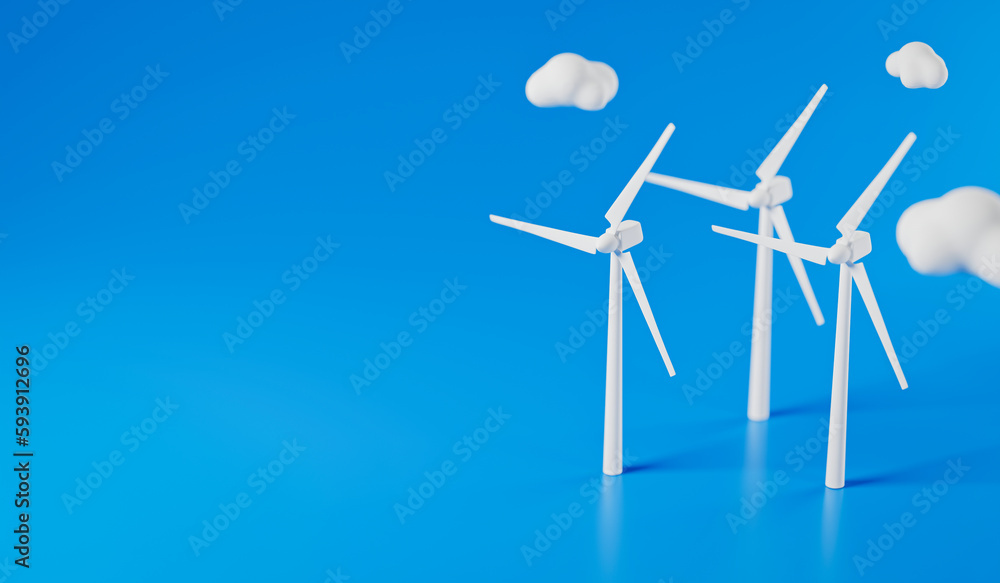 3d rendering of abstract wind turbines with clouds isolated on blue background. 3d illustration. Alternative power concept. 3d rendering of abstract wind turbines with clouds isolated on blue background. 3d illustration. Alternative power concept.