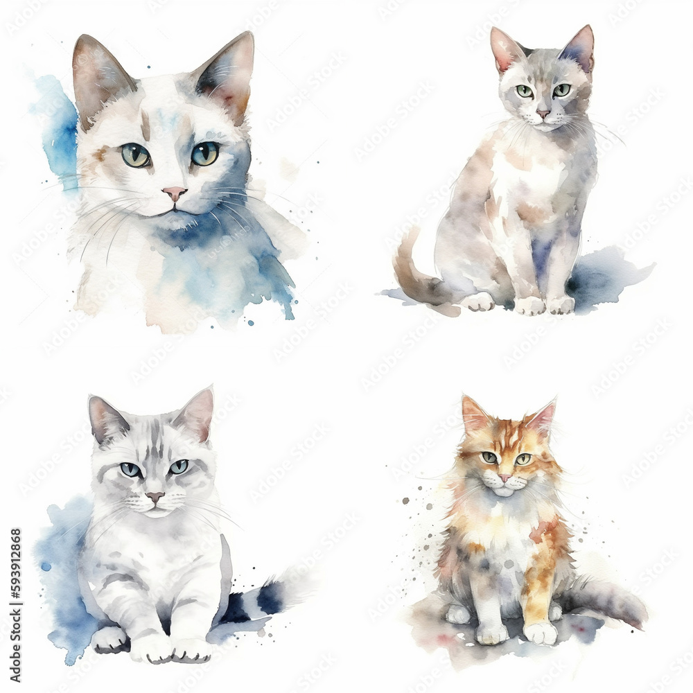 ネコの水彩イラスト、リアル