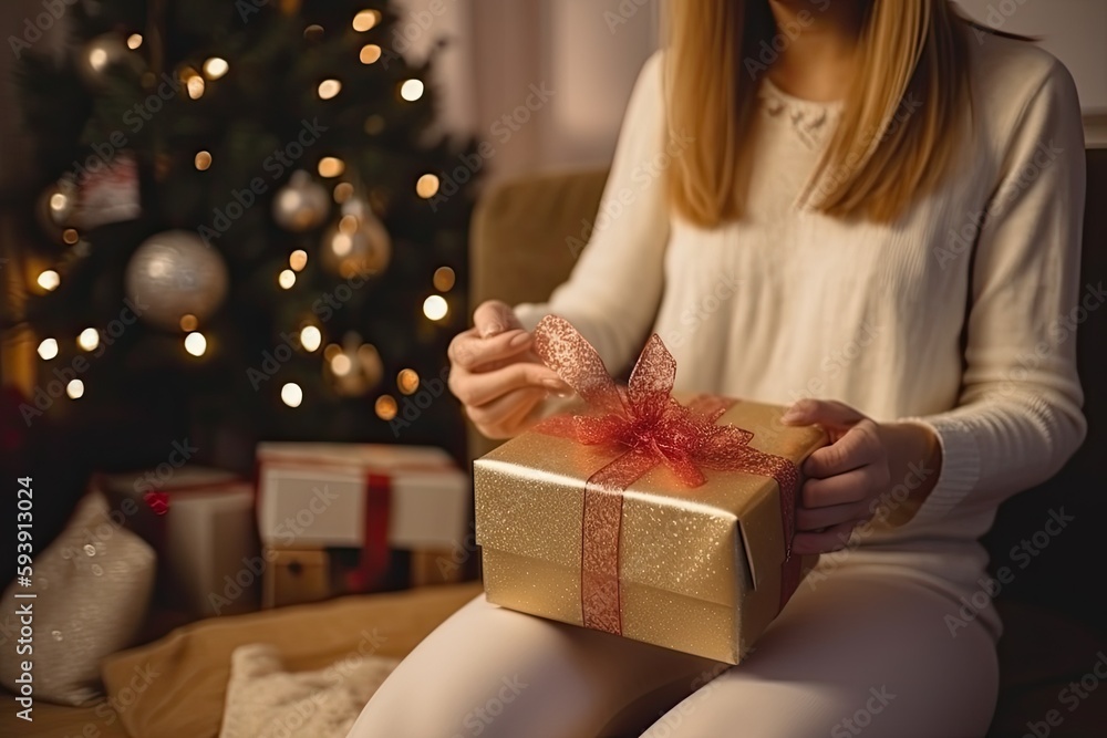 woman with christmas gift box, ai generative