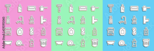Set line Epilator, Bottle for cleaning agent, Toilet bowl, Bar of soap, Washing hands with, Tube toothpaste, Shaving razor and Mouthwash bottle icon. Vector
