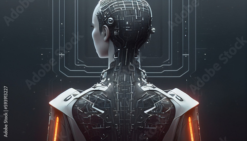 K  nstliche Intelligenz Frauen  Cyborg  Frauenkopf mit blonden Haaren von Hinten  digital  Panzerung   Generative AI