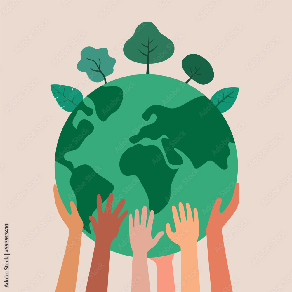 People hands holding green earth planet in flat design on white ...