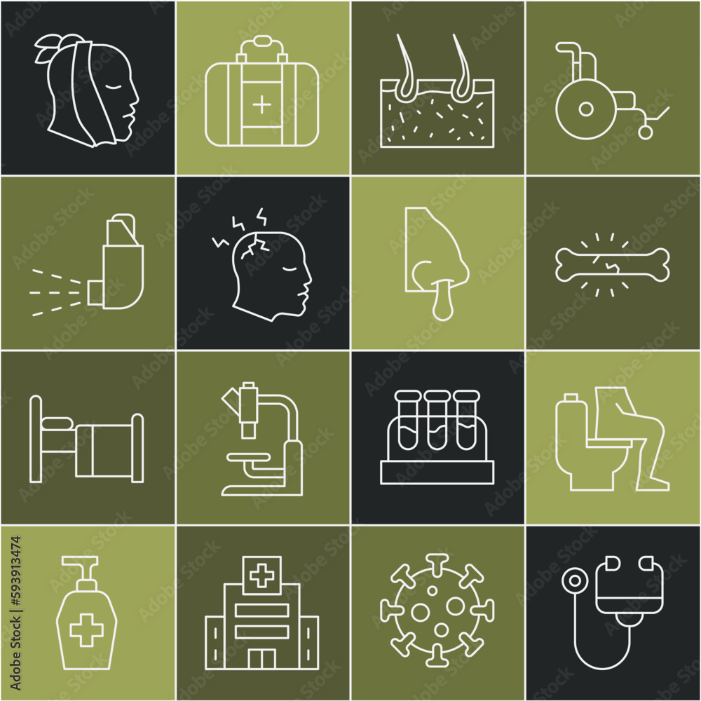 Set line Stethoscope, Constipation, Bone pain, Hair covering skin, Man having headache, Inhaler, Toothache and Runny nose icon. Vector Set line Stethoscope, Constipation, Bone pain, Hair covering skin, Man having headache, Inhaler, Toothache and Runny nose icon. Vector