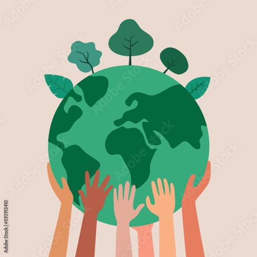 People hands holding green earth planet in flat design on white background.