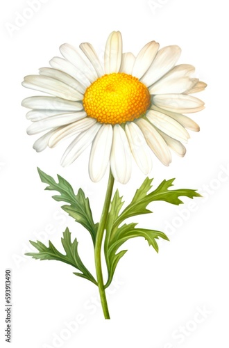 Beautiful daisy flower isolated on white background. Watercolor illustration of a chamomile. Generative AI.