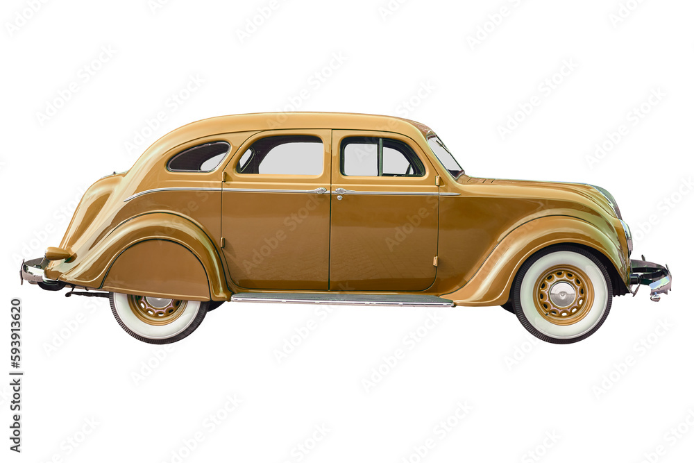 Side view of a mid twentieth century brown luxury classic car