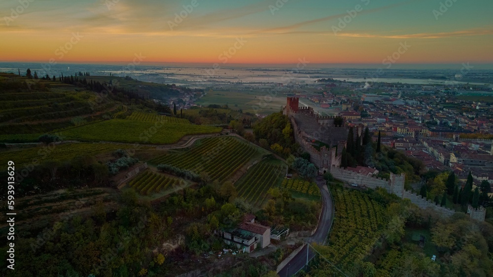 Aerial shot of the vineyards and Soave Castle in Veneto region at sunset, Italy