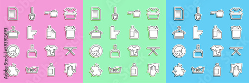Set line Cleaning service, Ironing board, Bucket with foam, Washing powder, Toilet bowl, Towel hanger, Laundry detergent and Bottle for cleaning agent icon. Vector