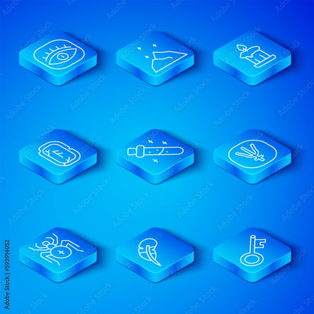 Set line Spider, Bottle with potion, Feather pen, Neptune planet, Burning candle, Magic runes, Masons and Old key icon. Vector Set line Spider, Bottle with potion, Feather pen, Neptune planet, Burning candle, Magic runes, Masons and Old key icon. Vector
