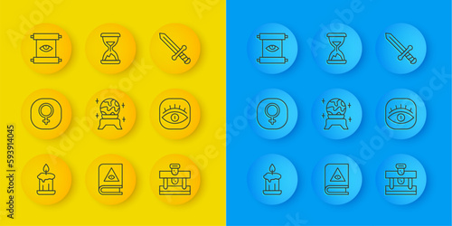 Set line Burning candle, Venus, Magic ball, Bottle with potion, Masons, Ancient magic scroll, Medieval sword and Old hourglass sand icon. Vector