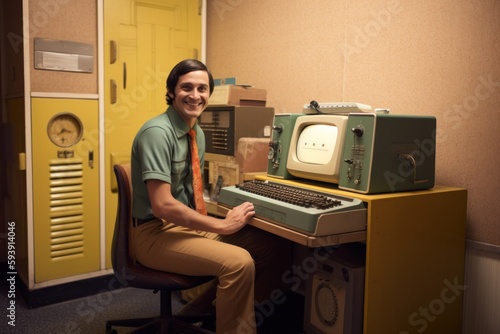 Outmoded Computing: Man Programming on Obsolete Computer in 90s .AI illustration.