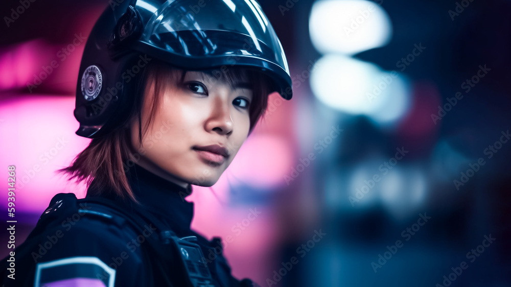 a futuristic policewoman stands vigilant in the heart of a bustling metropolis. generative AI a futuristic policewoman stands vigilant in the heart of a bustling metropolis. generative AI