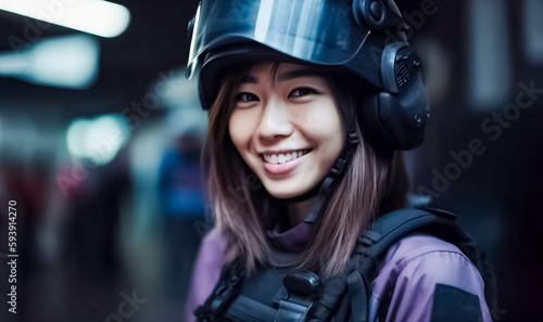 a futuristic policewoman stands vigilant in the heart of a bustling metropolis. generative AI