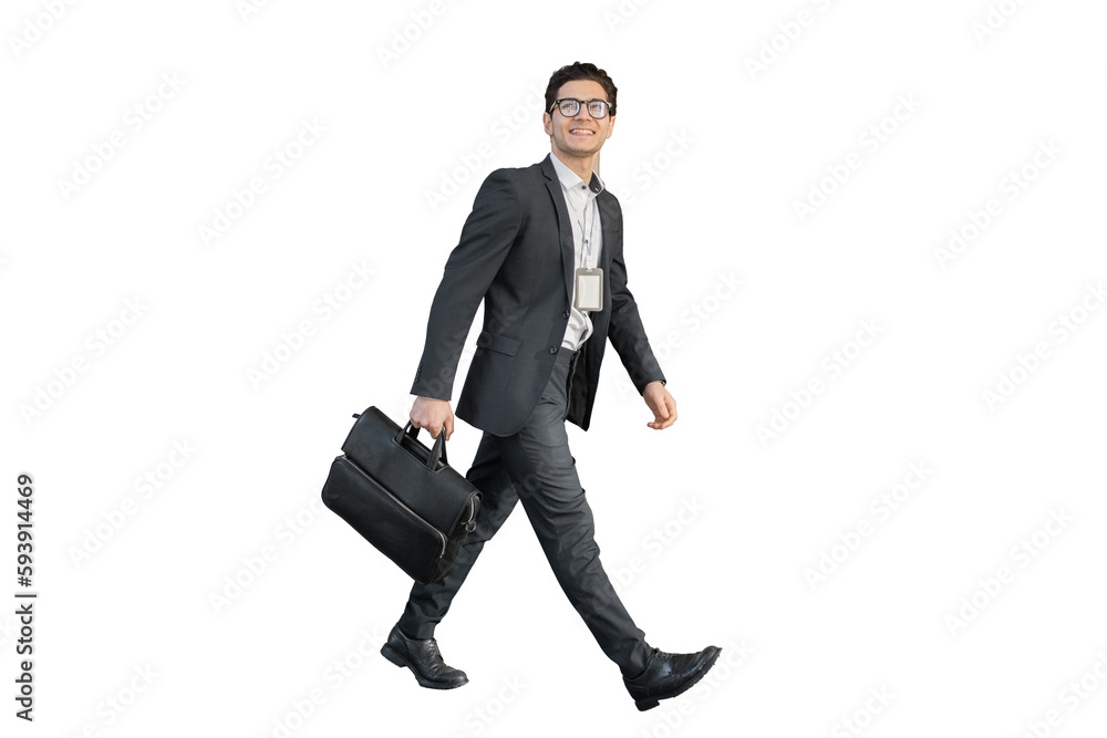 A businessman carrying a briefcase goes to work, a full-length man in a business suit manager, transparent background. A businessman carrying a briefcase goes to work, a full-length man in a business suit manager, transparent background.