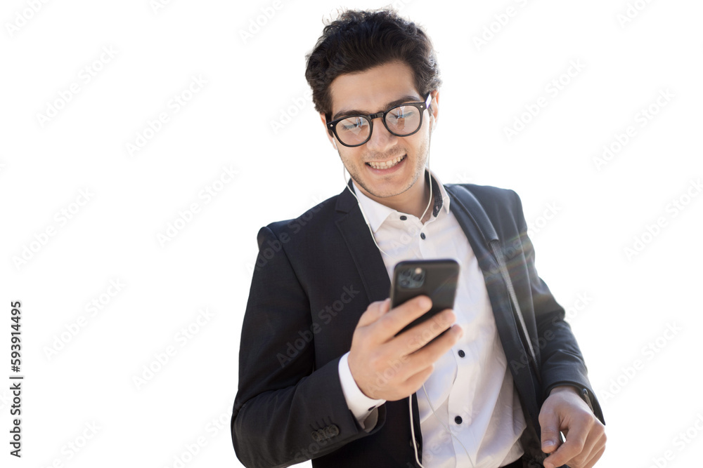 Uses a phone message to surf the Internet, goes to work businessman man in a business suit manager, transparent background. Uses a phone message to surf the Internet, goes to work businessman man in a business suit manager, transparent background.