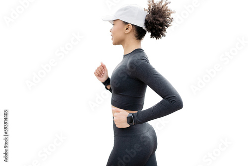 Jogging a woman is actively engaged in sports in fitness clothes  transparent background.