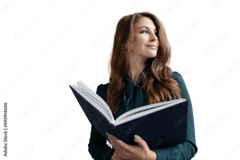 A student reading a textbook book in a woman dress, transparent background. A student reading a textbook book in a woman dress, transparent background.