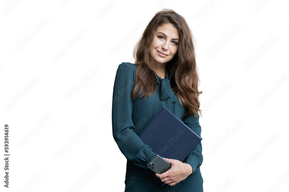 Fototapeta premium A textbook reading a book is held in the hands of a student in a woman's dress, transparent background.