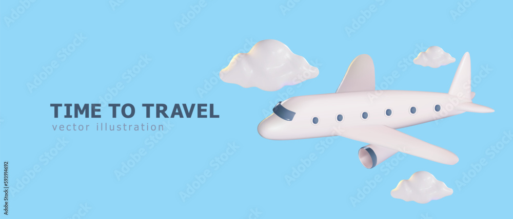 Airplane banner render among the clouds. Travel and vacation concept. Vector illustration in 3d style for print, web, social networks