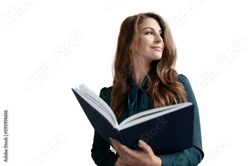 A student reading a textbook book in a woman dress, transparent background.