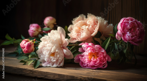 Romantic bouquet of peonies in the interior. AI generated © misu