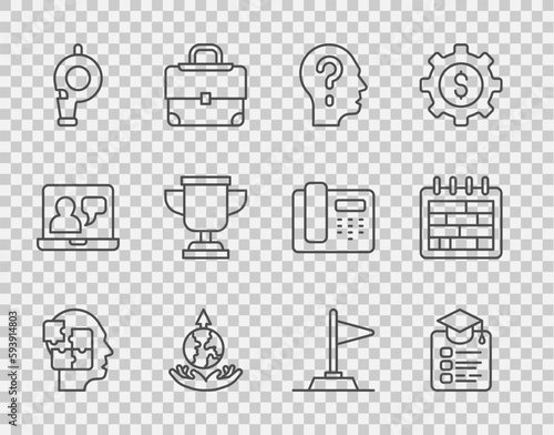 Set line Head puzzles strategy, Online education, with question mark, World expansion, Whistle, Award cup, Flag and Calendar icon. Vector
