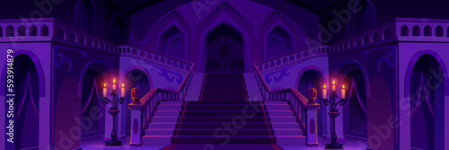 Royal palace hallway with stairs at night. Vector cartoon illustration of medieval castle interior design with carpet on staircase, chandeliers with candles, gothic door upstairs. Fairytale background