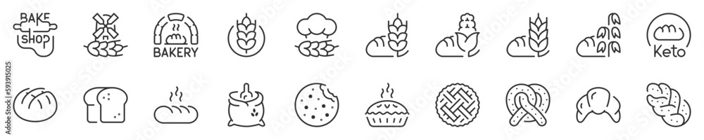 Line icons about bakery and breads. Thin line icon set. Symbol collection in transparent background. Editable vector stroke. 512x512 Pixel Perfect. Line icons about bakery and breads. Thin line icon set. Symbol collection in transparent background. Editable vector stroke. 512x512 Pixel Perfect.