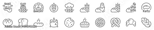 Line icons about bakery and breads. Thin line icon set. Symbol collection in transparent background. Editable vector stroke. 512x512 Pixel Perfect.